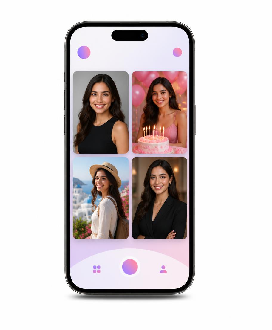The Snapa app showing four generated photos of the same person in different settings